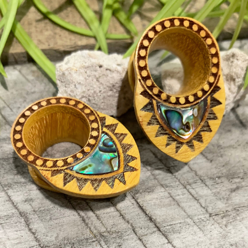 Jackfruit Wood Abalone Shell Inlay Flesh Tunnels with Teardrop Shape
